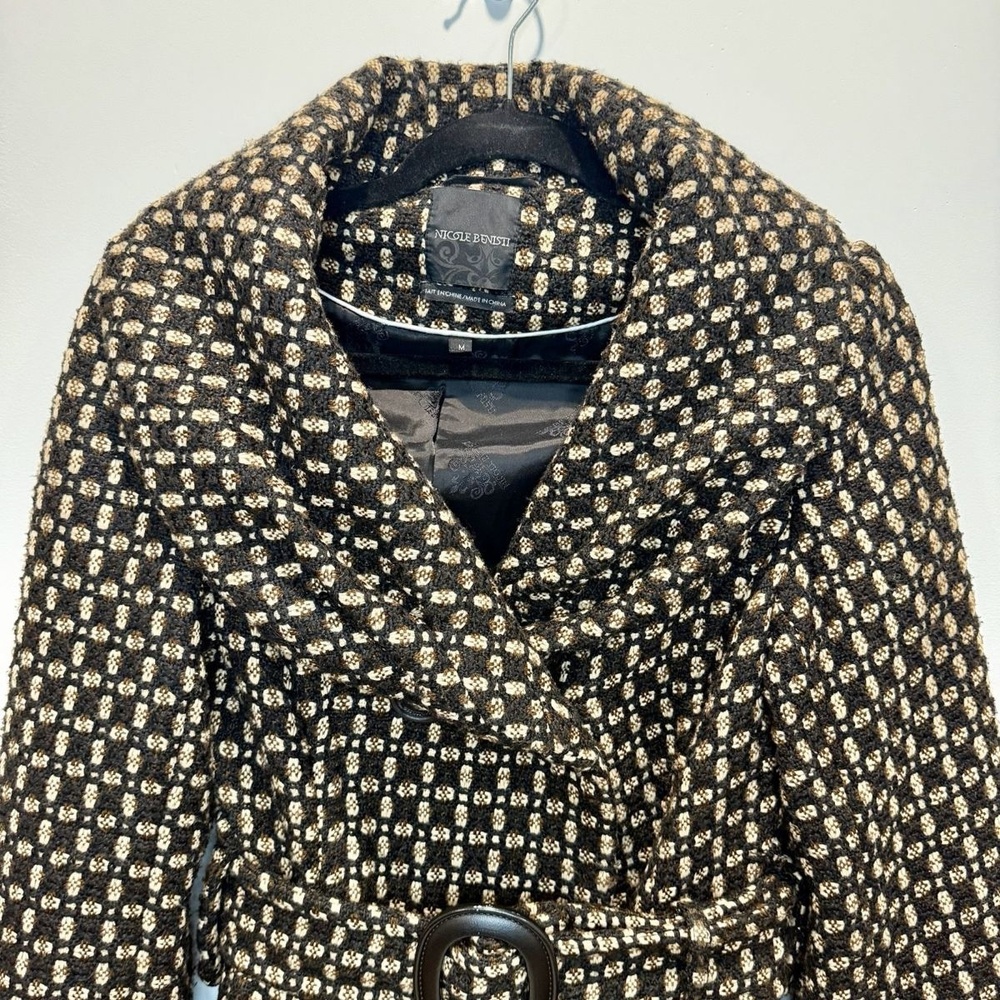 Nicole Benisti Belted Tweed Coat Womens M Black Tan Textured Designer Jacket